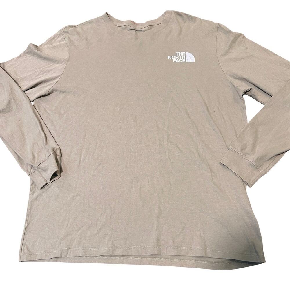 The North Face Mens XL Long Sleeve Shirt Beige Tan Logo Never Stop Exploring
